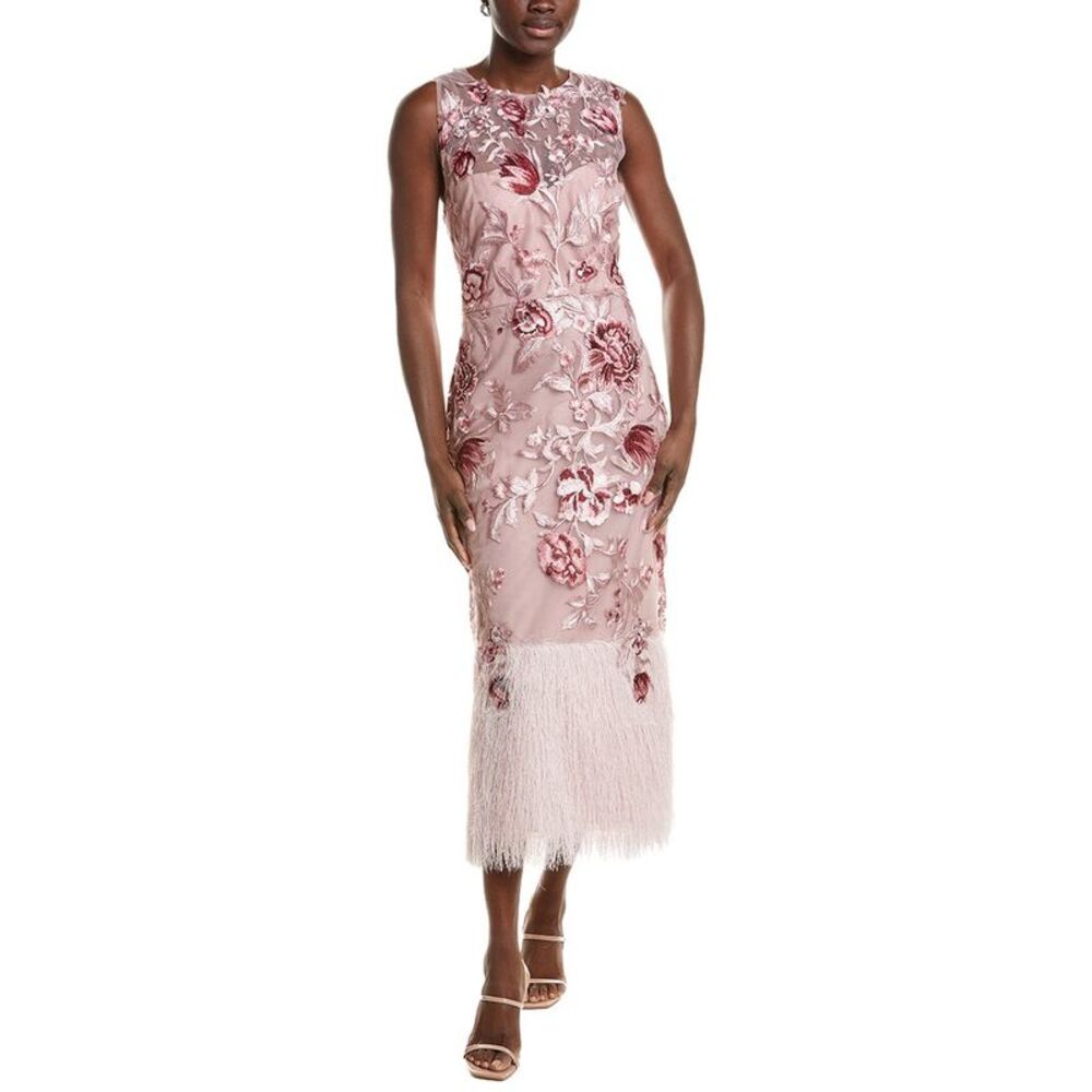 Marchesa Notte Womens  Embroidered Floral Midi Dress, Pink